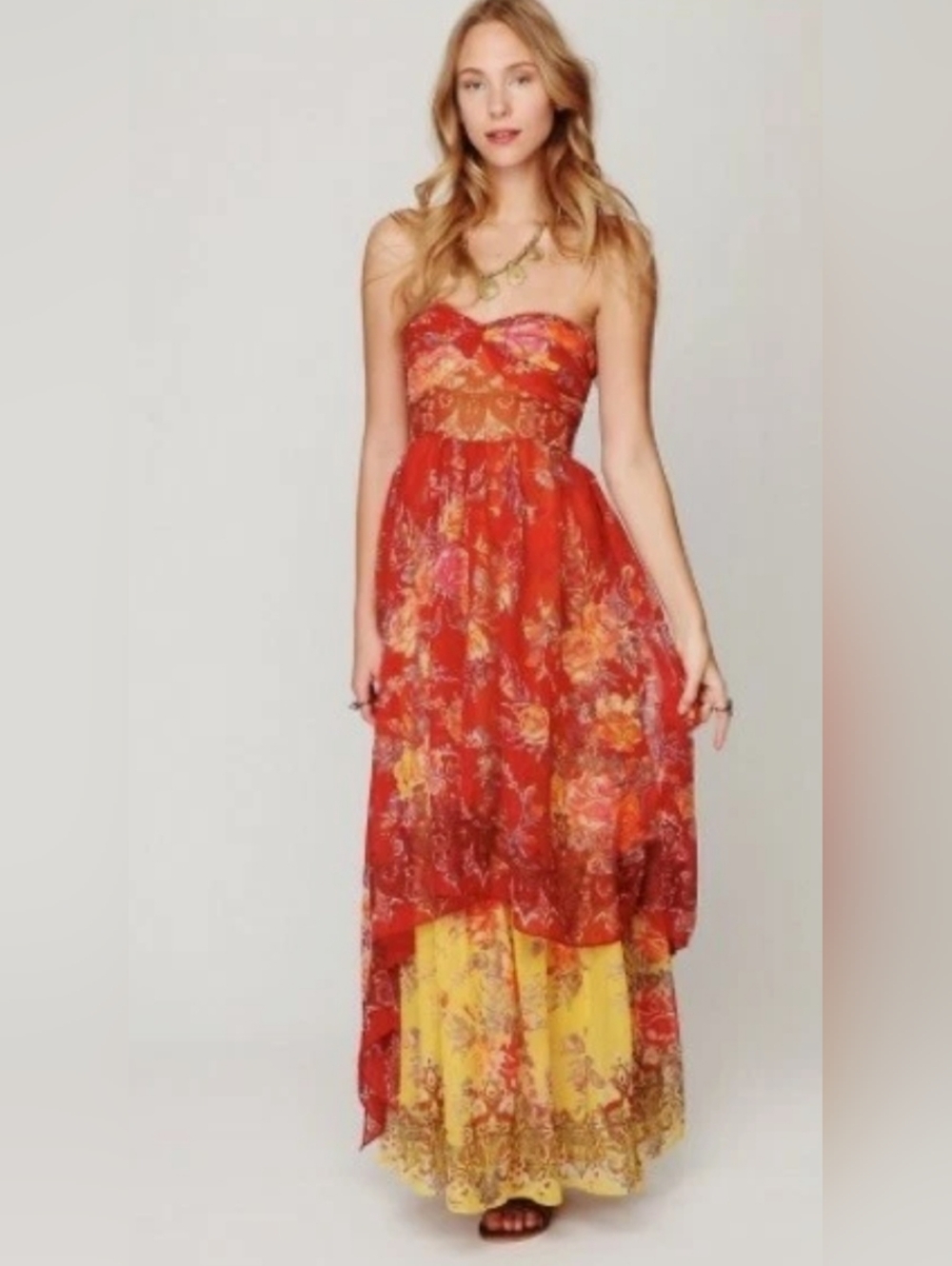 Floral Red and Yellow Maxi Dress